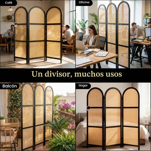 Vista 7 de ELK & ELDER Divisor de habitación de 3 paneles Pantalla de privacidad plegable con marcos de madera oscura arqueada y paneles tejidos claros