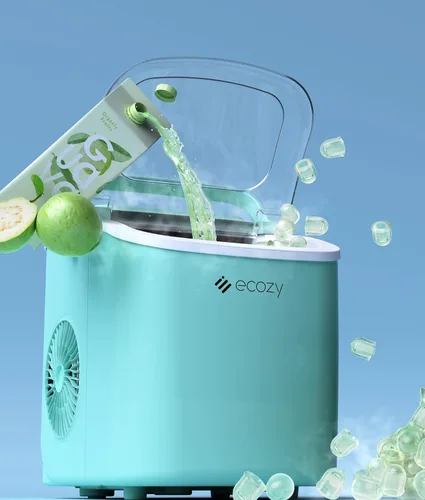 Vista 7 de ecozy Máquina de hielo portátil para encimera, 9 cubos listos en 6 minutos, 26 libras en 24 horas, máquina autolimpiante con bolsas de hielo/cuchara