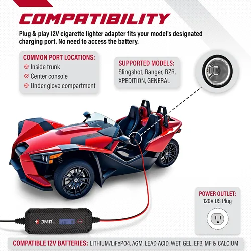 Vista 2 de Cargador de batería JMR para Polaris Slingshot Ranger RZR Xpedition General Sportsman todos los modelos, cargador de goteo, acondicionador
