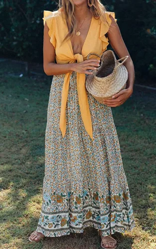 Vista 7 de ZESICA - Falda larga, estilo bohemio, estampado floral, acampanada, con cintura elástica y bolsillos
