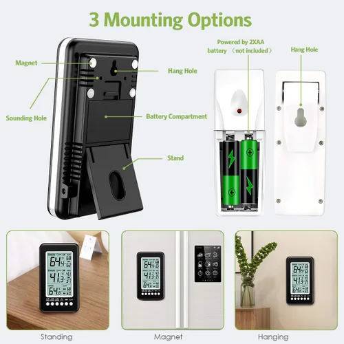 Vista 4 de KeeKit Termómetro para refrigerador, termómetro inalámbrico para interiores y exteriores con 2 sensores, termómetro digital para nevera con alarma