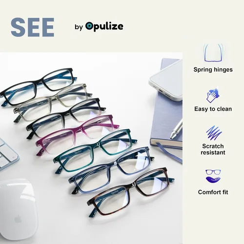 Vista 4 de OPULIZE SEE - Gafas de lectura con bloqueo de luz azul para mujeres y hombres, marco estrecho, bisagras de resorte, anteojos de juegos para negro