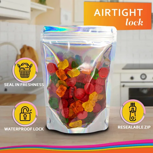Vista 4 de 100 bolsas de Mylar iridiscentes resellables - Bolsas sellables con cierre hermético de 5 x 7 pulgadas, bolsas de pie sellables con cierre térmico