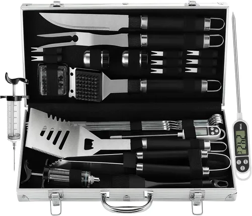 Vista 10 de Grilljoy Juego de 24 herramientas para parrilla de barbacoa con termómetro de carne e inyector, tenedor de acero inoxidable extragrueso, espátula