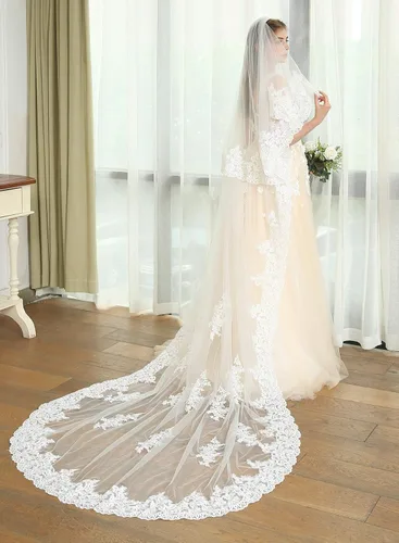 Vista 3 de Newdeve 3M 2T blanco velos de novia encaje borde metro largo libre peine