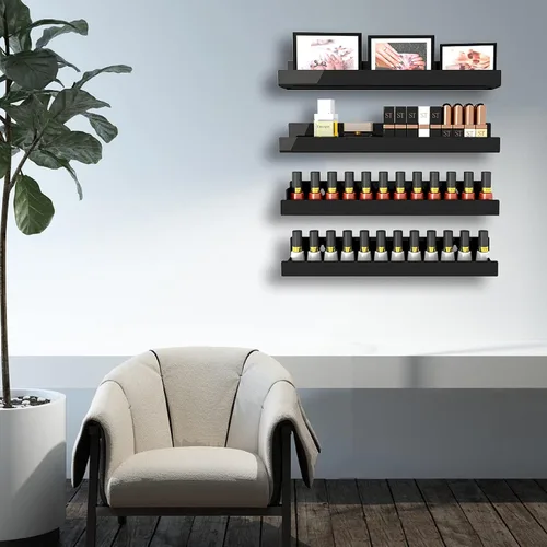 Vista 4 de Paquete de 4 estantes acrílicos negros de 15 pulgadas, estantería flotante negra para habitación de los niños, estante moderno para esmalte de uñas