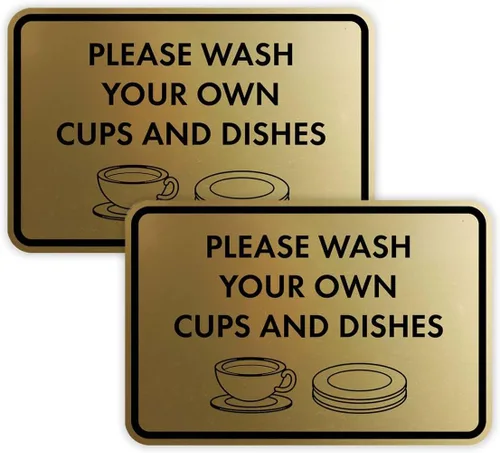 Vista 31 de Letrero clásico enmarcado con texto en inglés «Please Wash Your Own Cups and Dishes» (negro)