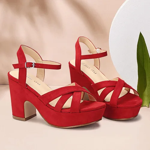 Vista 7 de Jiu du Sandalias de plataforma de gamuza para mujer, con correa al tobillo, sexy, con puntera abierta, tacón alto, tacón grueso, zapatos de tacón