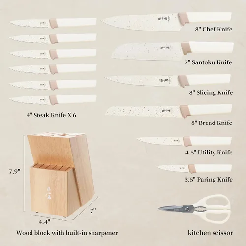 Vista 2 de Juego de 15 cuchillos con bloque, juego de cuchillos de cocina de acero inoxidable de alto carbono con hoja recubierta de cerámica, afilados y Crema