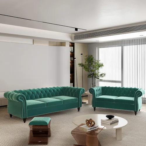 Vista 32 de QHITTY Juego de 2 piezas para sala de estar, Sofá Seccional Chesterfield Silla Contemporáneo Tapizado de Terciopelo Loveseat Juego de Sofás