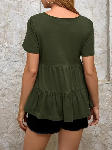 Vista 3 de OYOANGLE Blusa de maternidad con dobladillo con volantes para mujer, manga corta, cuello redondo, peplum