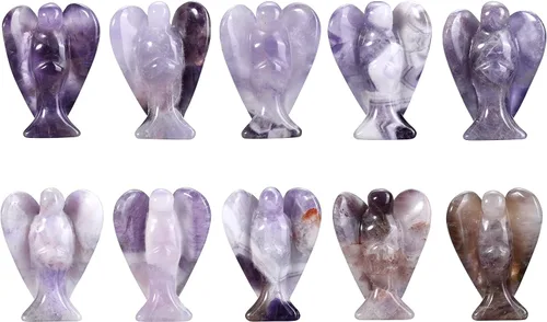 Vista 6 de Jovivi 2 figuras de ángel de cristal de cuarzo rosa amatista de 1.5 pulgadas pulido bolsillo guardián estatua piedras preciosas de ángel, piedras