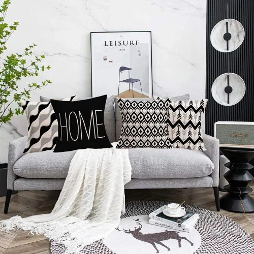 Vista 4 de Fukeen Home - Juego de 4 fundas de almohada geométricas decorativas modernas de 16 x 16 pulgadas, color negro, blanco, gris, flecha, rayas, ondas