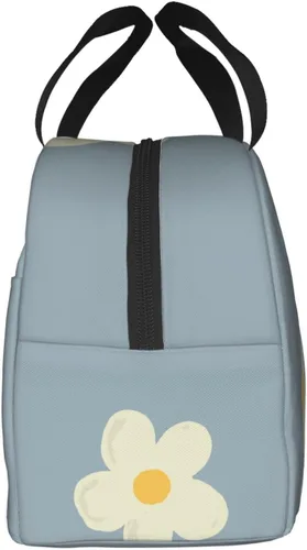 Vista 3 de Lonchera Kawaii con diseño de margaritas azules para mujeres y hombres, bonita lonchera aislada con bolsillo frontal para el trabajo, picnic y viajes