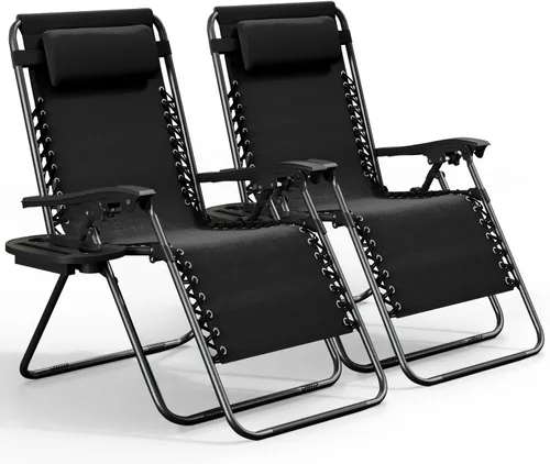Vista 27 de Nestl Sillas de gravedad cero, juego de 2, silla de patio al aire libre con almohadas y bandejas portavasos, silla reclinable plegable de malla