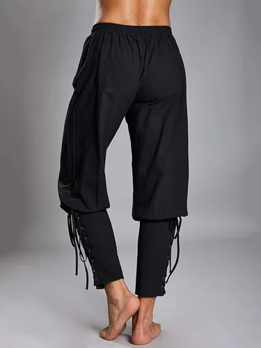 Vista 9 de Pantalones de tobillo medievales para hombre, disfraz de pirata vikingo, renacentista, con cordones, con bandas cónicas, pantalones casuales