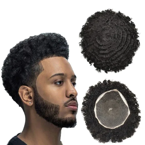 Vista 19 de Afro Toupee para hombres negros, unidad de cabello humano brasileño de encaje francés para hombres afroamericanos africanos y negros, sistema