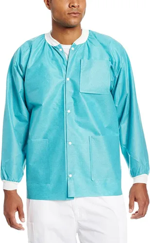 Vista 8 de Paquete de 10 chaquetas desechables de laboratorio, chaqueta médica reutilizable hasta la cadera, unisex, con puños de punto y bolsillos
