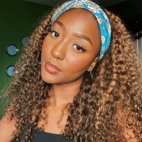 Vista 45 de Peluca de cabello humano con diadema de ondas profundas, sin pegamento, pelucas de cabello rizado sin encaje frontal, pelucas de cabello humano