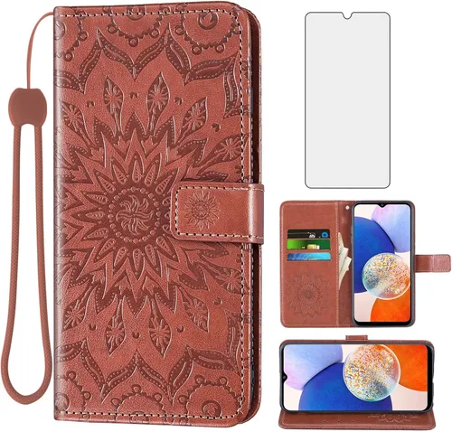 Vista 9 de Asuwish Funda de teléfono para Samsung Galaxy A14 5G con protector de pantalla de vidrio templado y funda delgada de piel de girasol, soporte