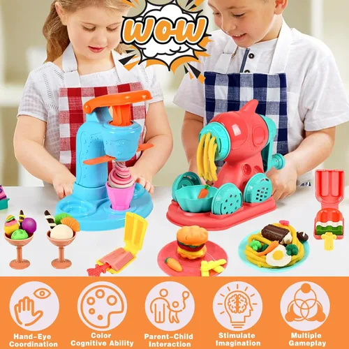 Vista 7 de Crelloci Juego de creaciones de cocina de masa de colores 3 en 1, máquina para hacer helados, espaguetis y hamburguesas, juguetes de modelado