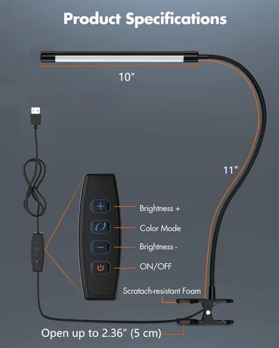 Vista 6 de JHD Lámpara de Escritorio LED con Abrazadera - Ajustable 3 Modos de Color 10 Niveles de Brillo Lámpara de Mesa, USB Cuidado de Ojos Cuello de Ganso