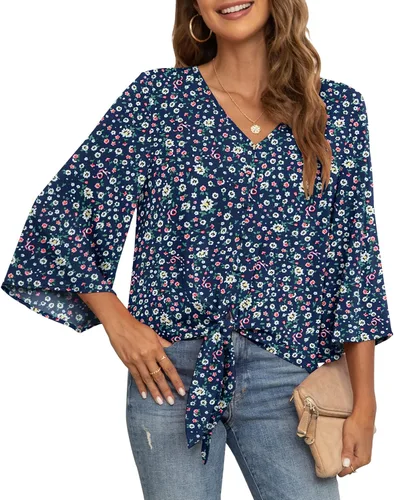 Vista 27 de VIISHOW Blusas de verano para mujer, con botones, cuello en V, de gasa, mangas acampanadas de 3/4, con nudo, casuales 01 Blanco