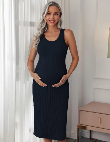 Vista 2 de Ekouaer Vestido de maternidad para mujer, de punto acanalado, sin mangas, con abertura lateral, vestido ajustado para embarazo, tallas S-XXL