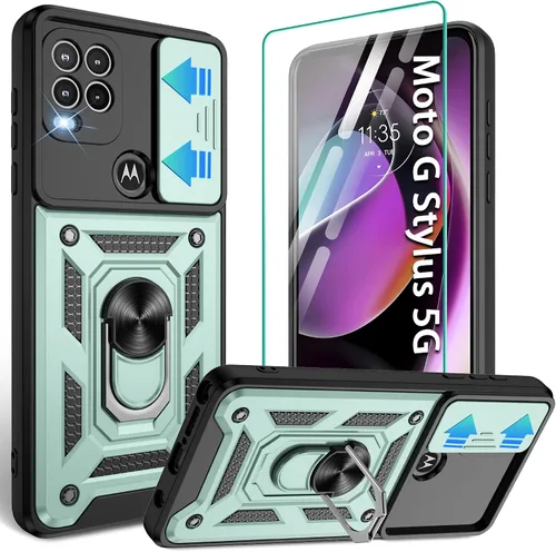 Vista 42 de Gritup Funda para Moto G Stylus 5G-2021 con cubierta deslizante para cámara 1 paquete de protectores de pantalla HD Soporte de metal giratorio