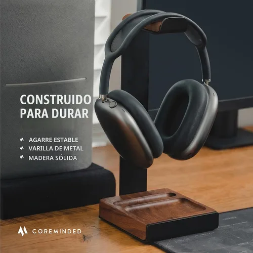 Vista 5 de COREMINDED Universal Headphone Stand for Desk, Walnut Wood Headset Holder Dark Walnut