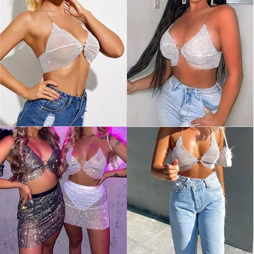 Vista 6 de Camiseta corta sin mangas con diamantes de imitación brillantes para mujer sexy cuello halter transparente para salir de noche fiesta club