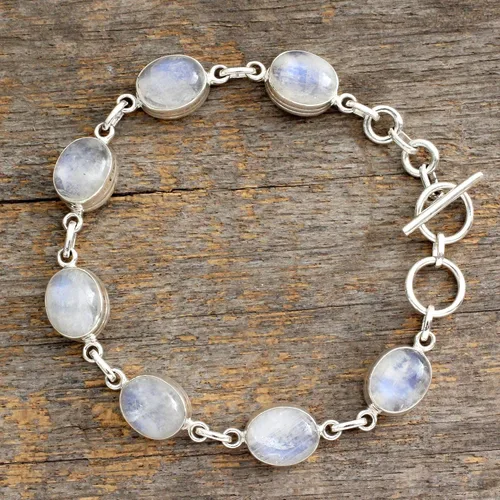 Vista 3 de NOVICA Pulsera de eslabones de plata de ley 925 con piedra lunar arcoíris 'Misterios', piedra de luna