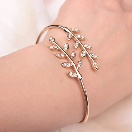 Vista 6 de Pulseras de pulsera para mujer diseño de hoja con incrustaciones de diamantes de imitación de moda