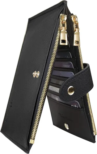 Vista 2 de Travelambo Billetera para mujer con bloqueo RFID plegable para múltiples tarjetas con bolsillo con cremallera, Negro -, Minimalista