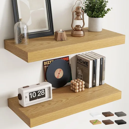 Vista 12 de Juego de 2 estantes flotantes de 16 pulgadas para pared, estantes de baño de grano de madera de 12 pulgadas de profundidad con soportes invisibles