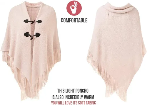 Vista 3 de Ferand Poncho de ajuste holgado para mujer con elegantes botones de cuerno, cuello en V y dobladillo en V