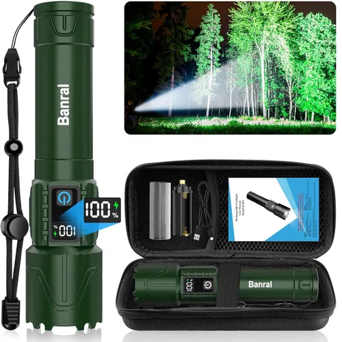 Vista 11 de Linternas tácticas recargables Banral de 2000 lúmenes altos - 5000mAh súper brillantes, linterna LED potente impermeable, linterna USB C portátil