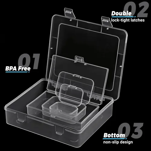 Vista 3 de Paquete de 7 mini recipientes de plástico rectangulares de varios tamaños, cajas de almacenamiento de plástico transparente con tapas con bisagras