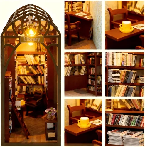Vista 2 de Kit de rincón de libros para bricolaje con luces LED, rompecabezas de madera 3D para insertar en estantería y decoración de casa de muñecas, kit