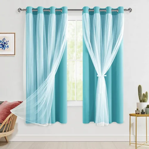 Vista 86 de Hiasan Cortinas opacas con superposición transparente, aislamiento térmico para mezclar y combinar de doble capa, cortinas de oscurecimiento de Beige