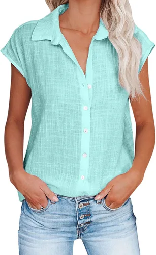 Vista 32 de Ceboyel Camisas para mujer de moda de verano, algodón, lino, manga corta, cuello con botones, blusa casual para mujer 2023