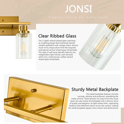 Vista 7 de Jonsi Accesorios de iluminación de baño dorados, 2 luces de tocador de oro cepillado con pantalla de vidrio estriada, luces modernas sobre espejo