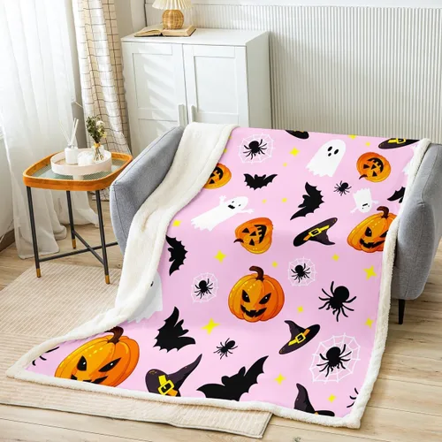 Vista 13 de Manfei Manta de Halloween con farol de calabaza, fantasmas, para decoración de habitación de niños y niñas, manta de araña negra para sofá, manta