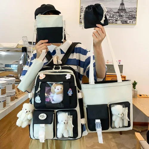 Vista 3 de AONUOWE Mochila Kawaii con bonitos alfileres y colgantes, juego de 5 piezas, mochila estética, Negro -, Mochila, viaje, único