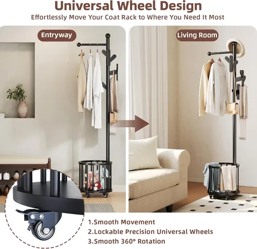 Vista 5 de CozyDH Perchero de madera con soporte para paraguas y ruedas, perchero independiente con múltiples ganchos, resistente para entrada, dormitorio