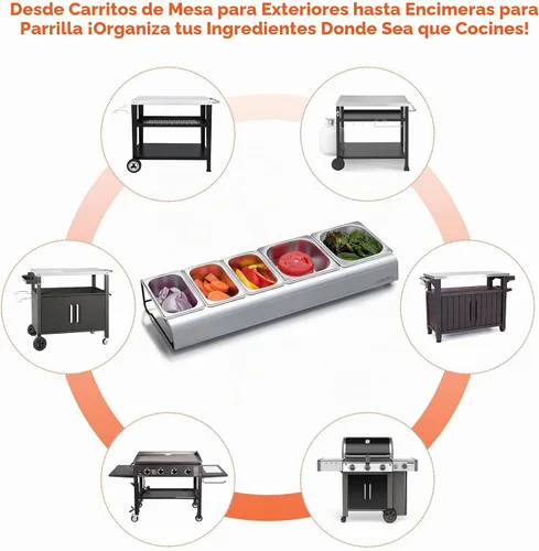 Vista 5 de Onlyfire Estación de Ingredientes para Pizza, Recipientes de Condimentos y Especias de Acero Inoxidable con Tapa y Bandejas de 5 Compartimentos