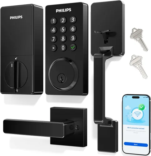 Vista 10 de Cerradura inteligente Wi-Fi Philips con cerrojo de puerta y manija, juego de cerradura de puerta sin llave para puerta delantera, cerradura
