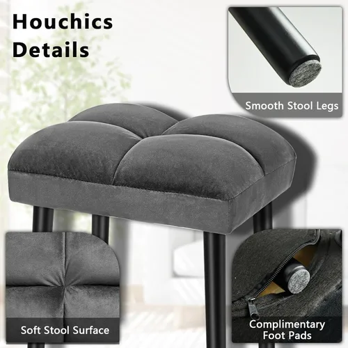 Vista 7 de Taburete de tocador gris, taburete cuadrado de maquillaje con patas de madera, silla otomana pequeña para tocador, asiento acolchado moderno