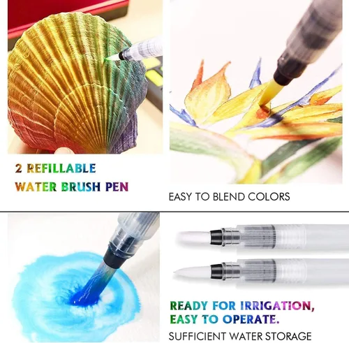 Vista 8 de Emooqi Juego de pinturas de acuarela, pintura sólida de acuarela con purpurina metálica, incluye 12 colores metálicos con purpurina, 2 pinceles