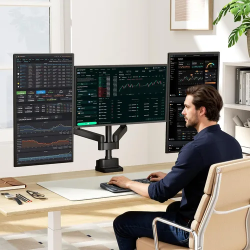 Vista 7 de monTEK Soporte de monitor triple para pantallas de 13 a 27 pulgadas, máximo
